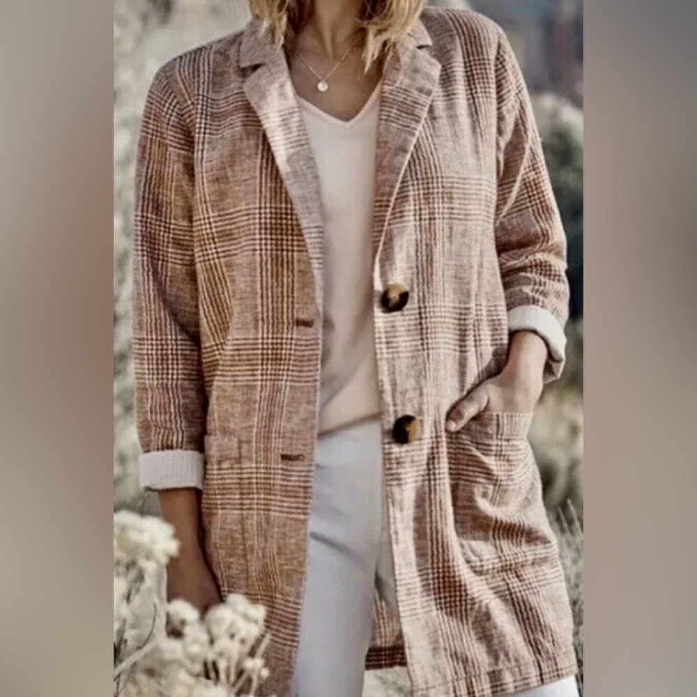 New J Jill Henna Plaid Blazer Linen Blend SZ XS *